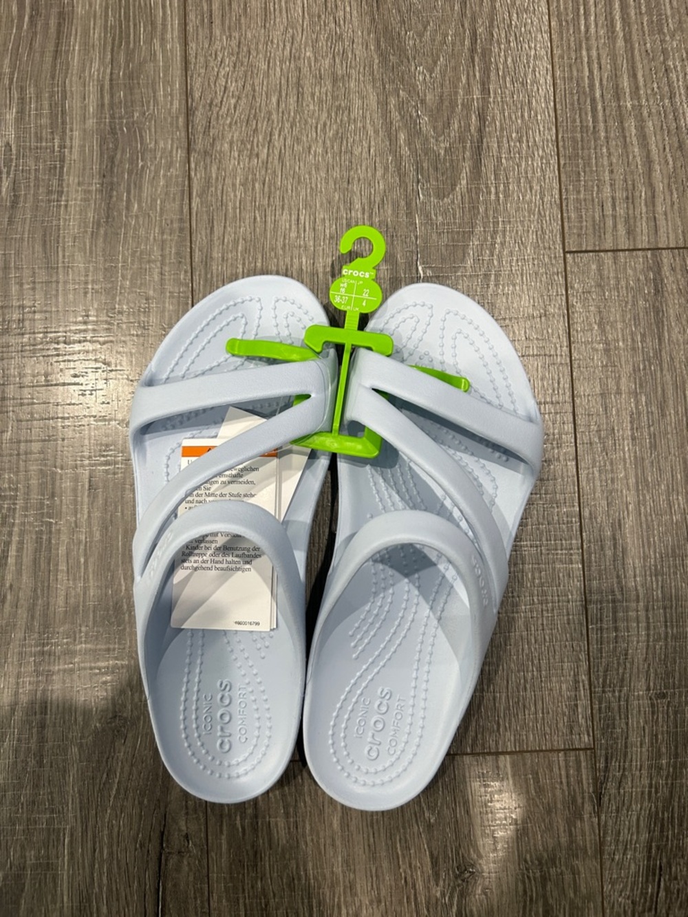 CROCS Light Blue Triple-Strap Women’s Sandals with Neon Green Hanger